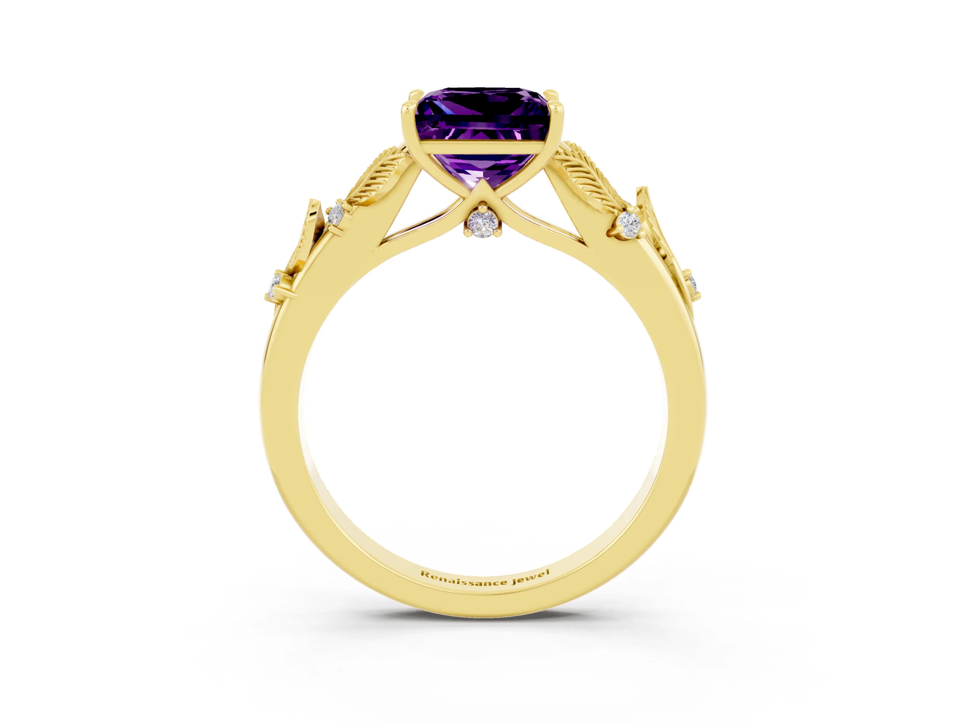 Yellow gold Princess Cut Amethyst Solitaire Ring with Leaf Motif Band and Four-Prong Setting_3