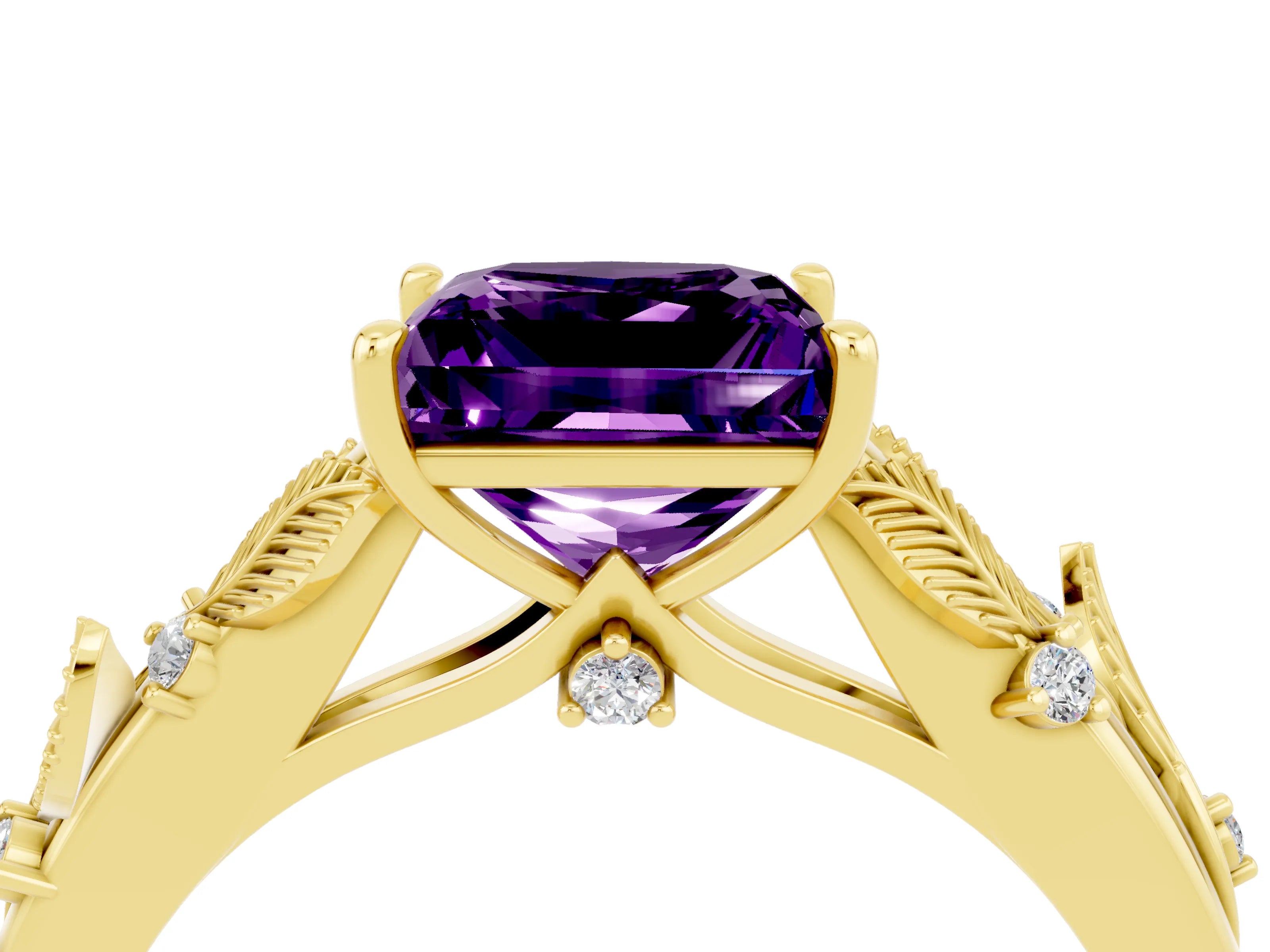 Yellow gold Princess Cut Amethyst Solitaire Ring with Leaf Motif Band and Four-Prong Setting_4