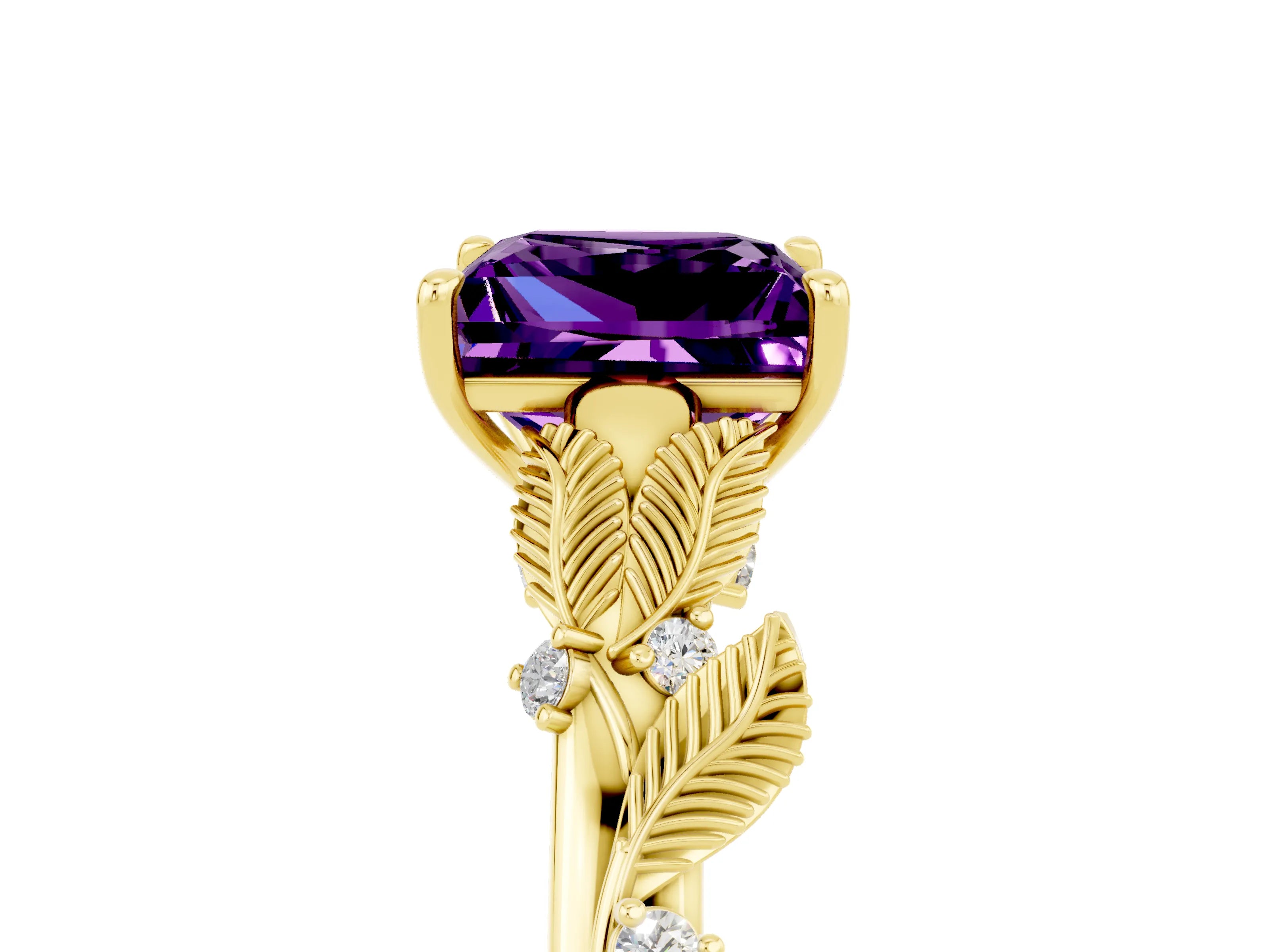 Yellow gold Princess Cut Amethyst Solitaire Ring with Leaf Motif Band and Four-Prong Setting_5