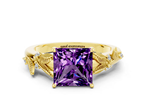 Yellow gold Princess Cut Amethyst Solitaire Ring with Leaf Motif Band and Four-Prong Setting