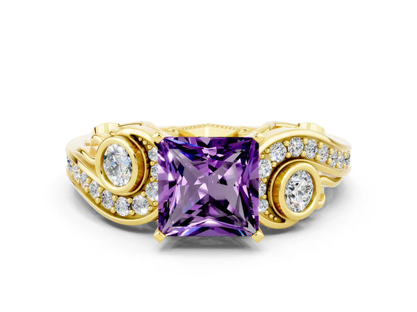 Yellow gold Princess Cut Amethyst Solitaire Ring with Milgrain Pavé Band and Four-Prong Setting