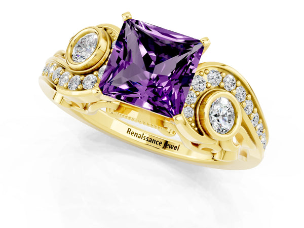 Yellow gold Princess Cut Amethyst Solitaire Ring with Milgrain Pavé Band and Four-Prong Setting