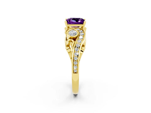 Yellow gold Princess Cut Amethyst Solitaire Ring with Milgrain Pavé Band and Four-Prong Setting_26