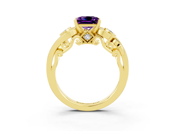 Yellow gold Princess Cut Amethyst Solitaire Ring with Milgrain Pavé Band and Four-Prong Setting