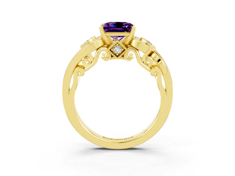 Yellow gold Princess Cut Amethyst Solitaire Ring with Milgrain Pavé Band and Four-Prong Setting_27