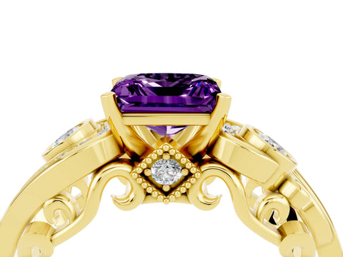 Yellow gold Princess Cut Amethyst Solitaire Ring with Milgrain Pavé Band and Four-Prong Setting_28