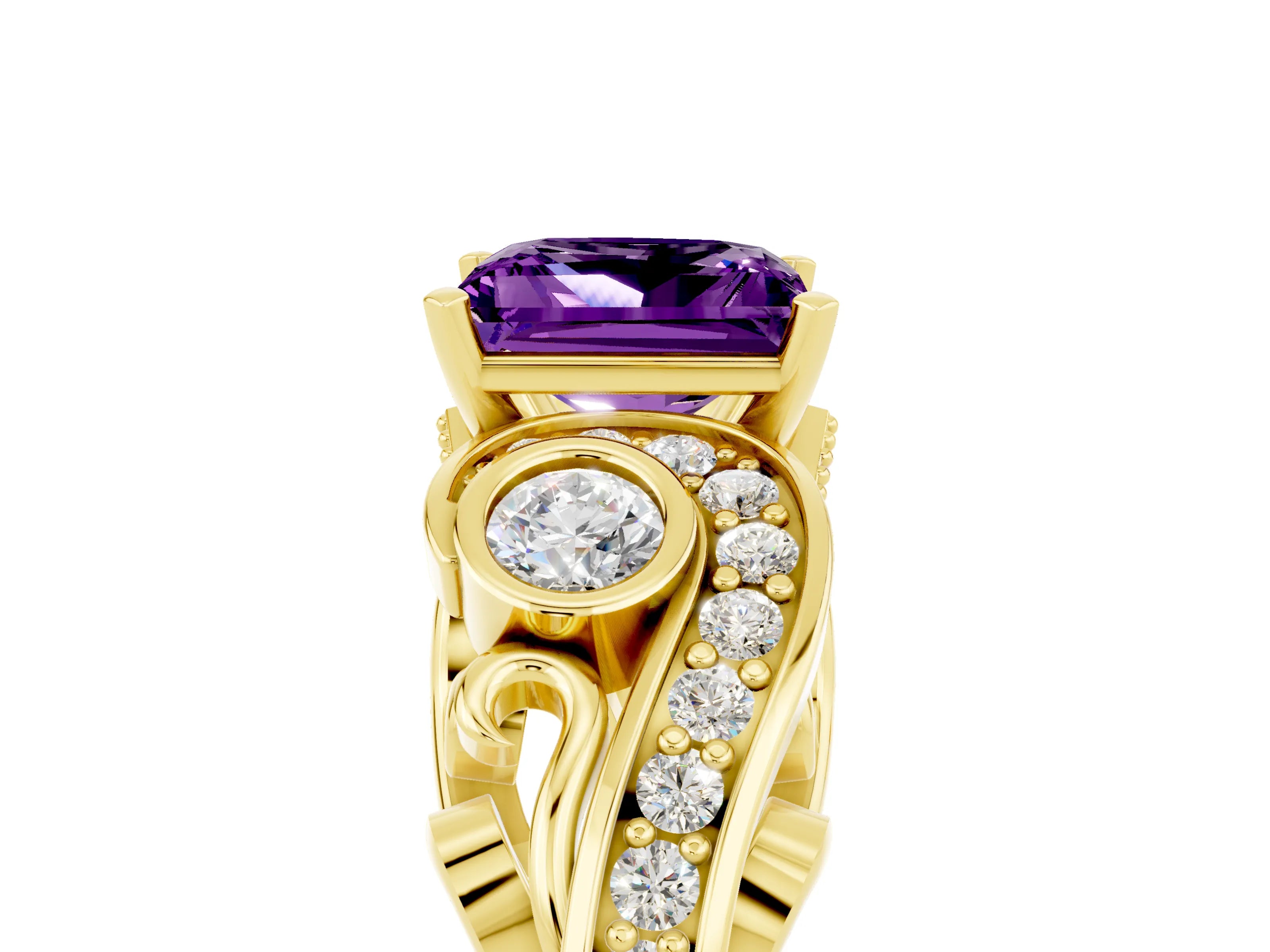Yellow gold Princess Cut Amethyst Solitaire Ring with Milgrain Pavé Band and Four-Prong Setting_29