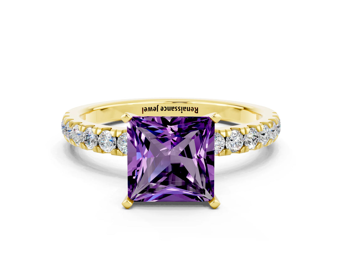 Yellow gold Princess Cut Amethyst Solitaire Ring with Pavé Accents and Four-Prong Setting