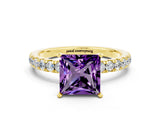 Yellow gold Princess Cut Amethyst Solitaire Ring with Pavé Accents and Four-Prong Setting