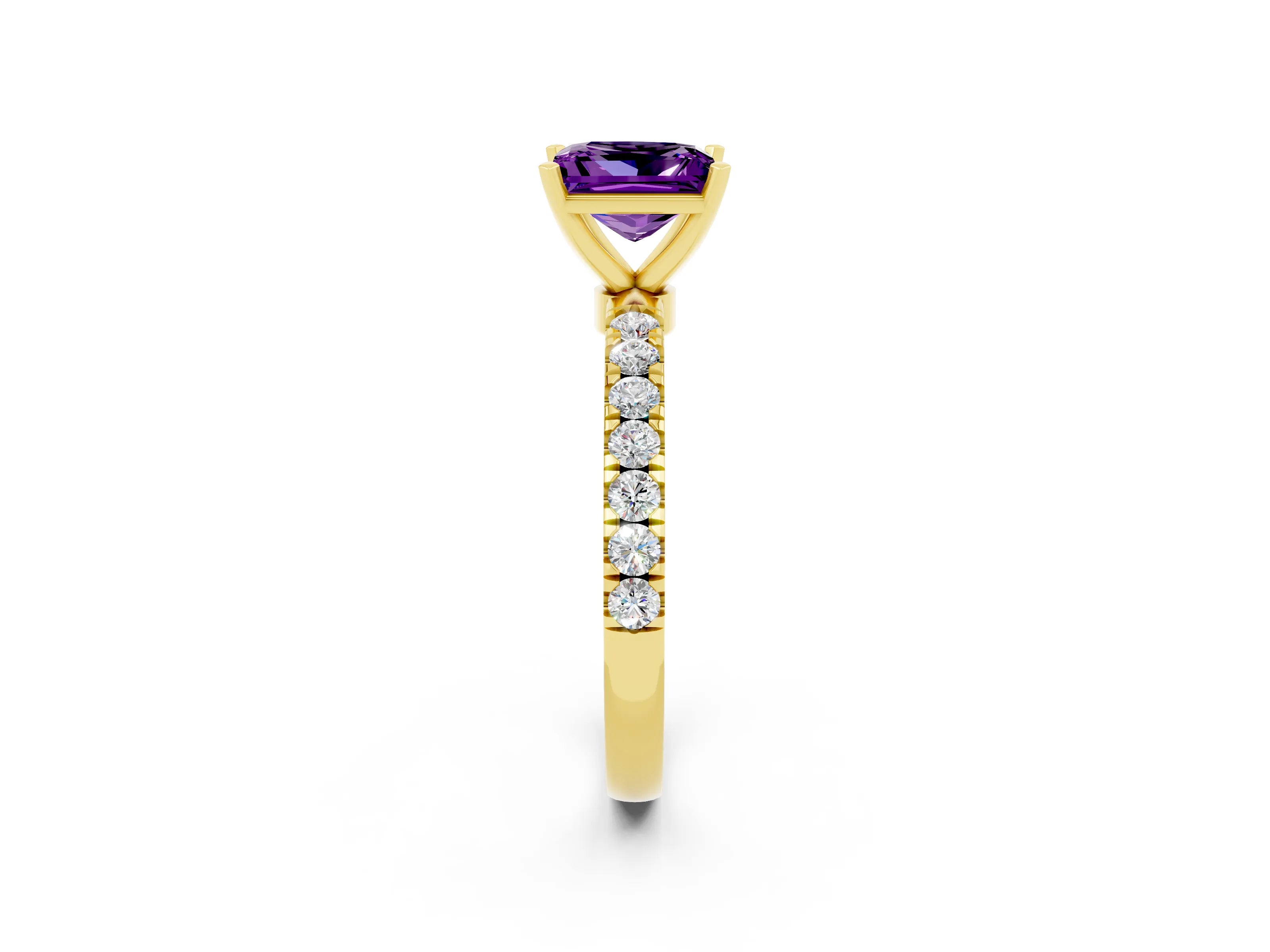 Yellow gold Princess Cut Amethyst Solitaire Ring with Pavé Accents and Four-Prong Setting_2