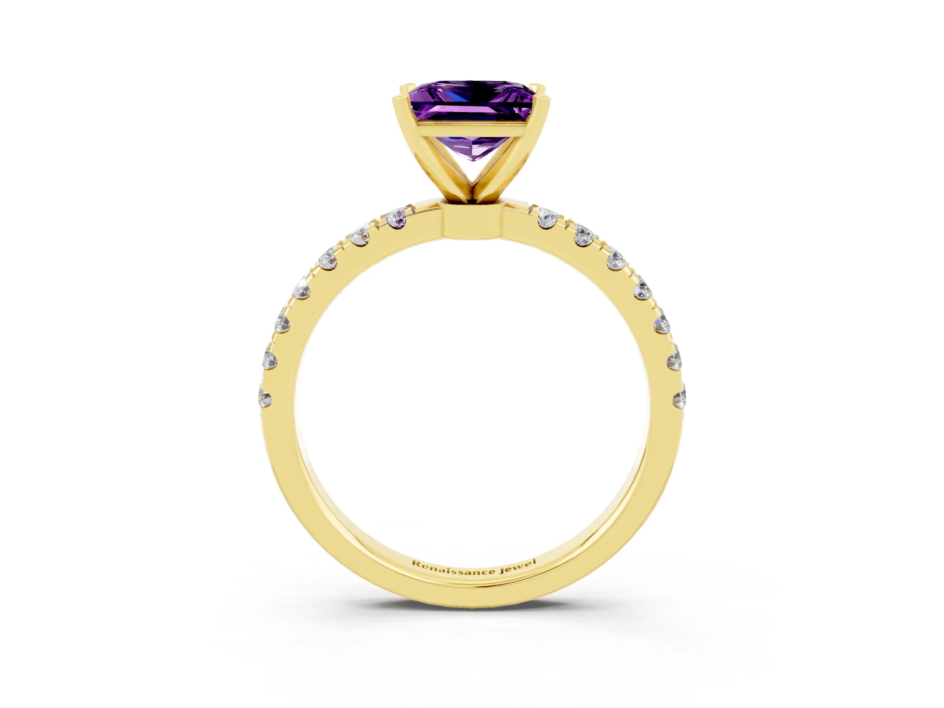 Yellow gold Princess Cut Amethyst Solitaire Ring with Pavé Accents and Four-Prong Setting_3