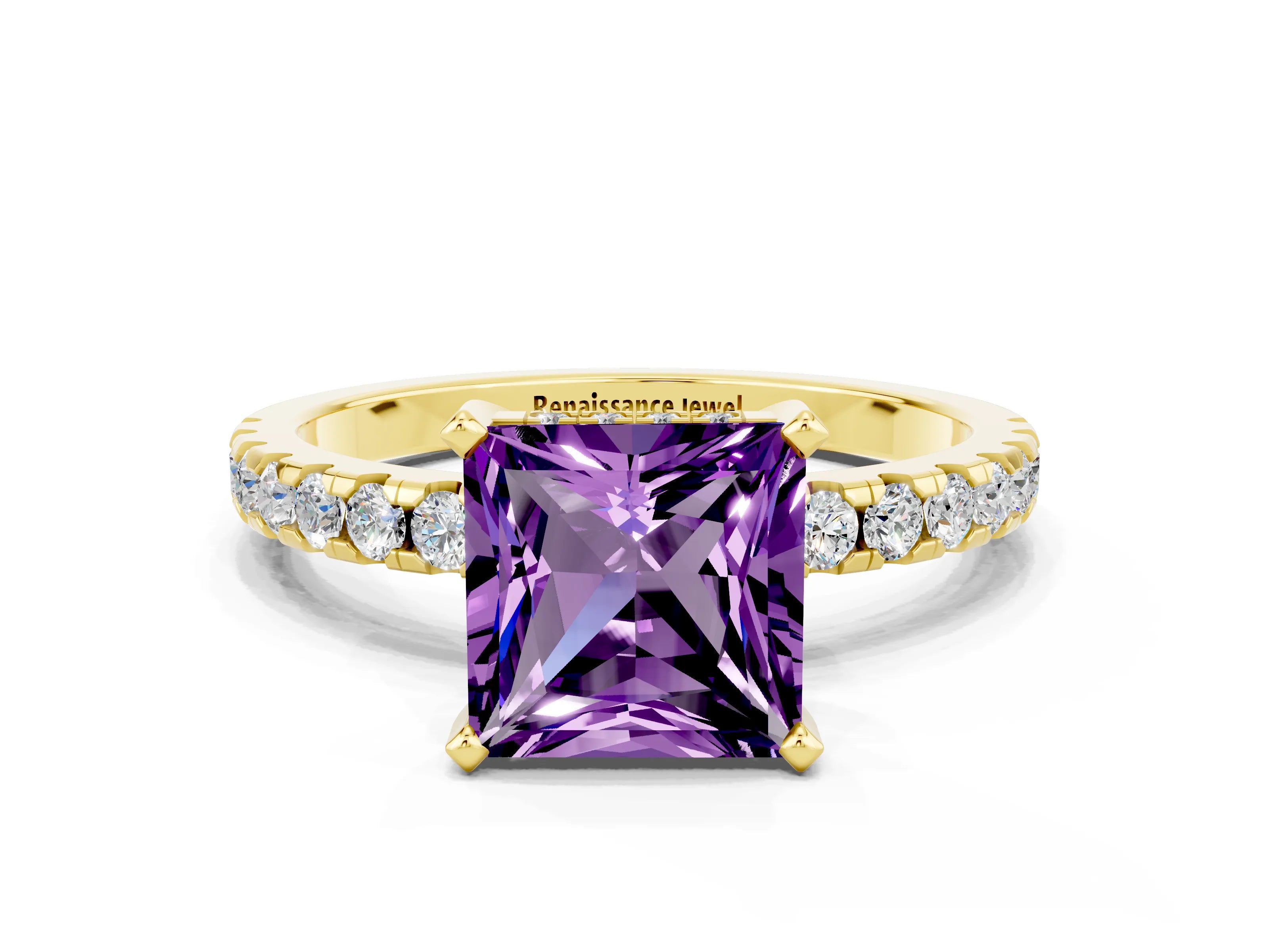 Yellow gold Princess Cut Amethyst Solitaire Ring with Pavé Band and Four-Prong Setting_12