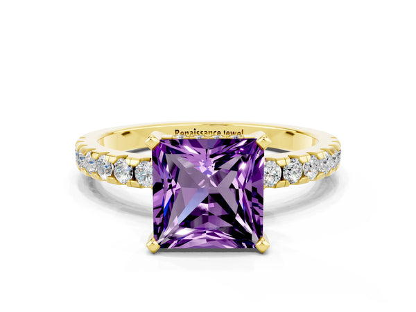 Yellow gold Princess Cut Amethyst Solitaire Ring with Round  Pavé Band and Four-Prong Setting