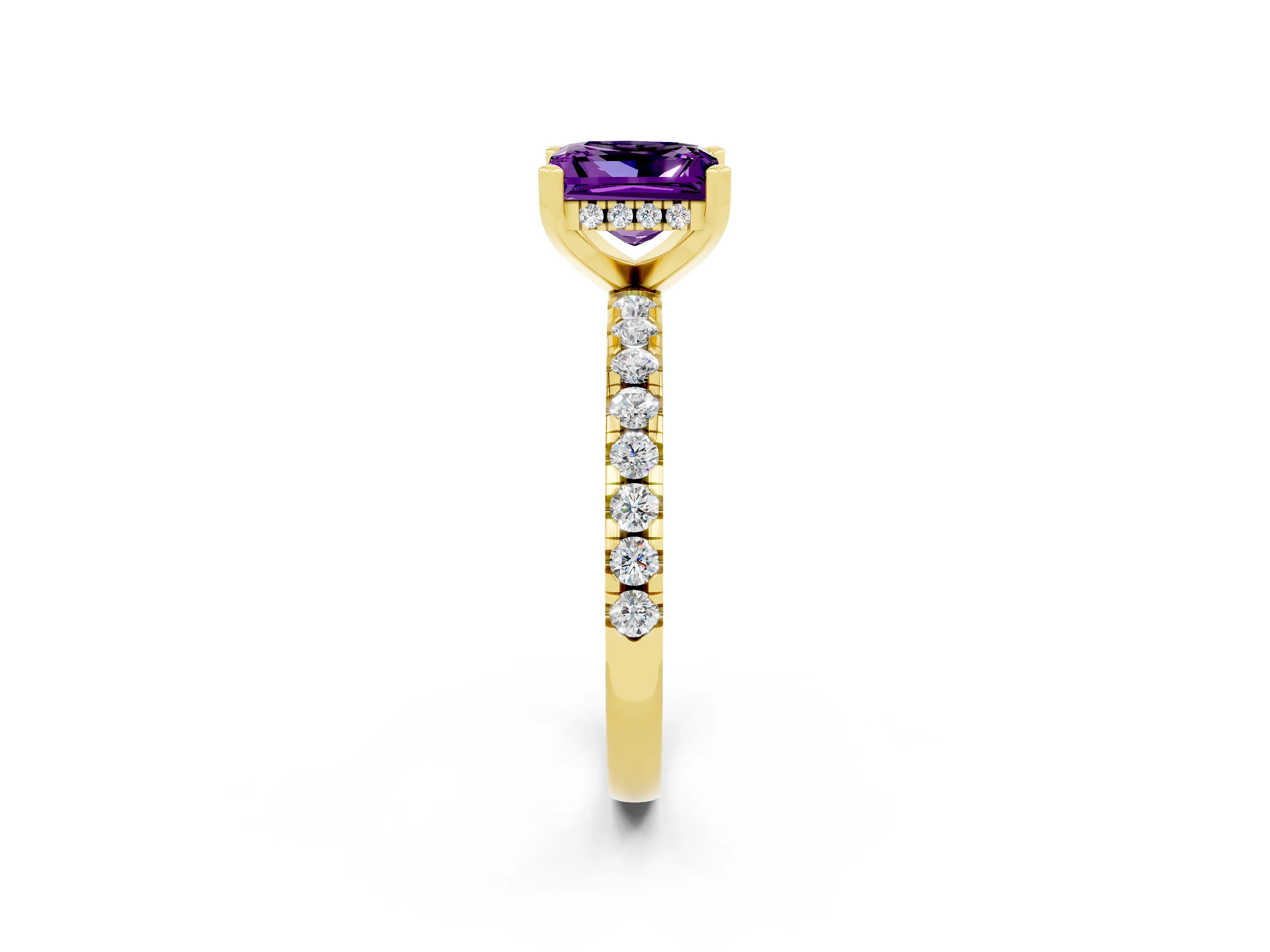 Yellow gold Princess Cut Amethyst Solitaire Ring with Pavé Band and Four-Prong Setting_14
