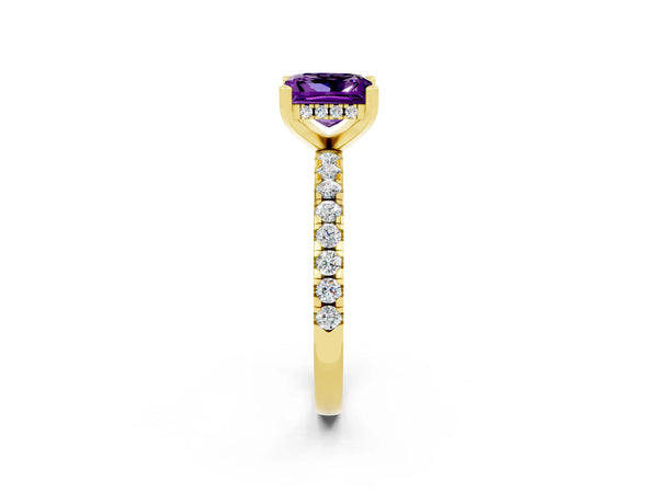 Yellow gold Princess Cut Amethyst Solitaire Ring with Round  Pavé Band and Four-Prong Setting