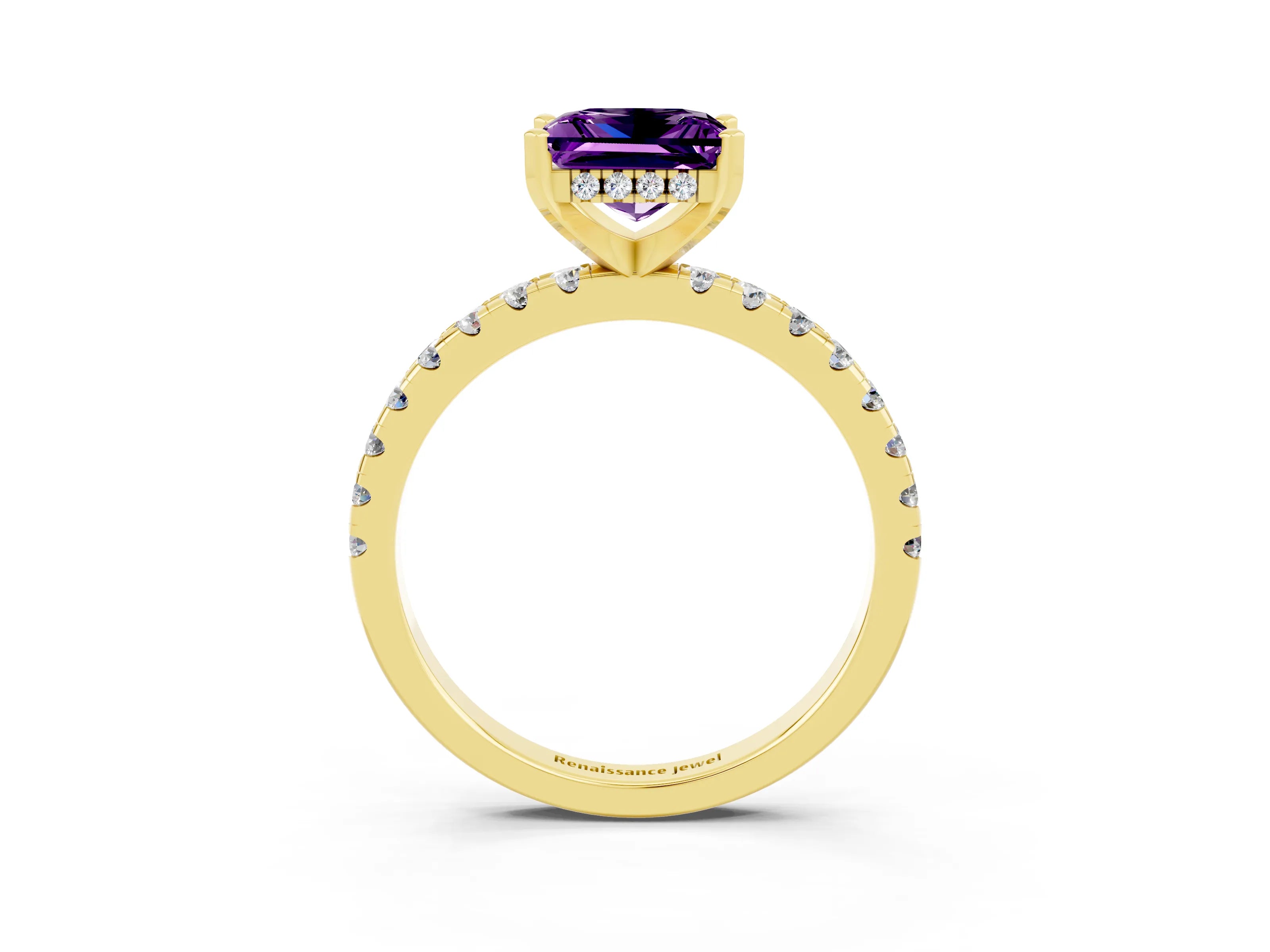 Yellow gold Princess Cut Amethyst Solitaire Ring with Pavé Band and Four-Prong Setting_15