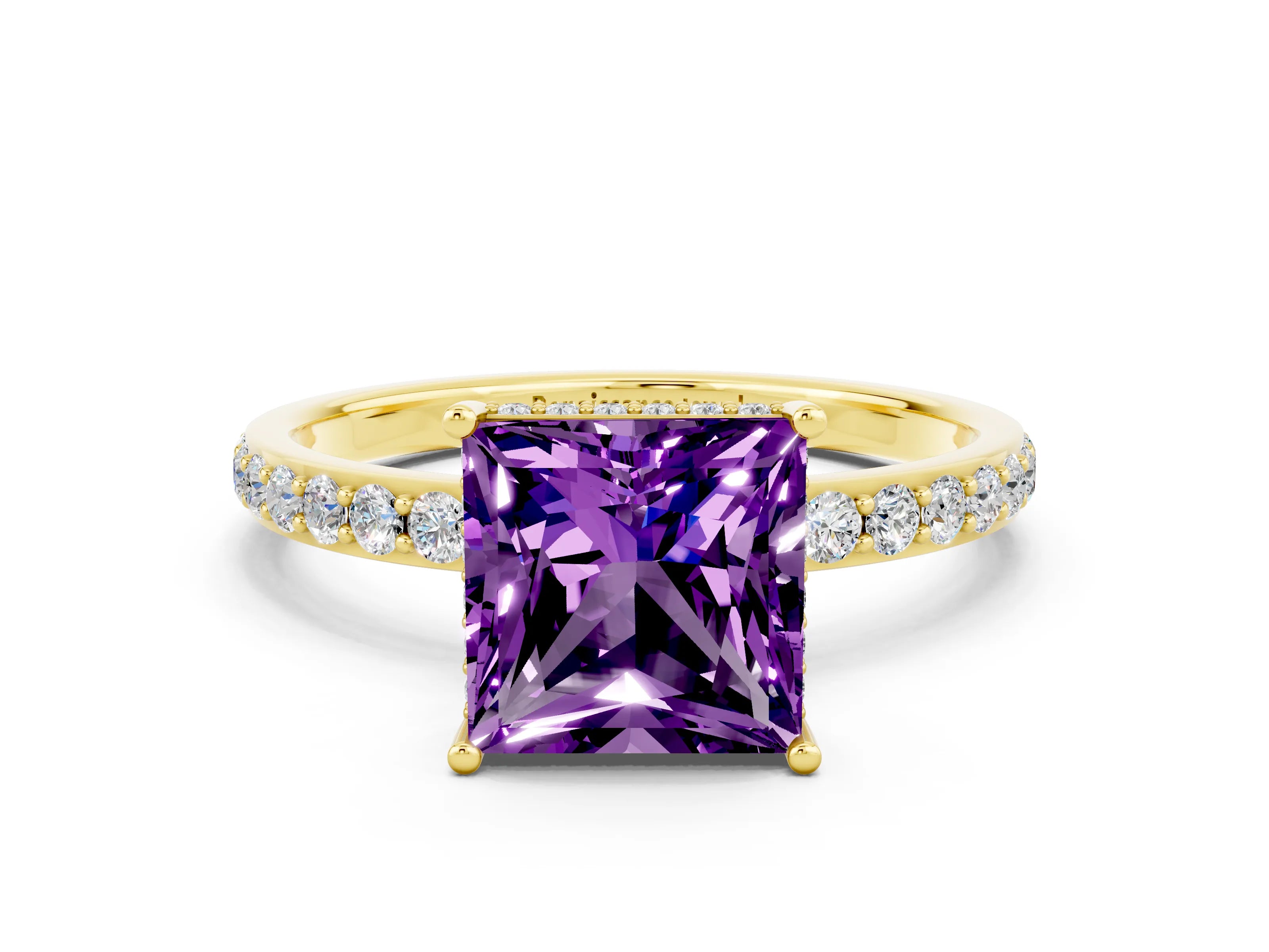 Yellow gold Princess Cut Amethyst Solitaire Ring with Pavé Band and Hidden Halo_12