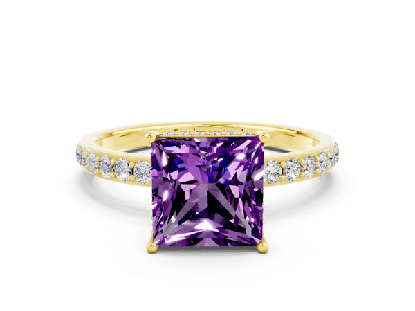 Yellow gold Princess Cut Amethyst Solitaire Ring with Pavé Band and Hidden Halo