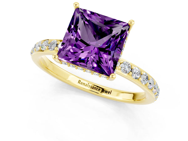 Yellow gold Princess Cut Amethyst Solitaire Ring with Pavé Band and Hidden Halo