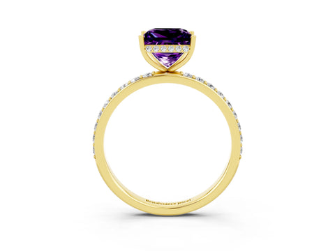 Yellow gold Princess Cut Amethyst Solitaire Ring with Pavé Band and Hidden Halo_15