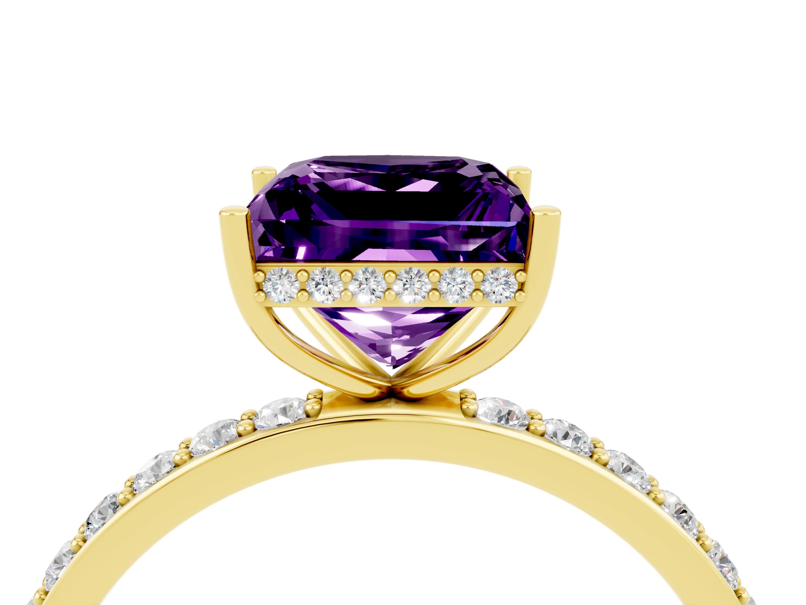Yellow gold Princess Cut Amethyst Solitaire Ring with Pavé Band and Hidden Halo_16