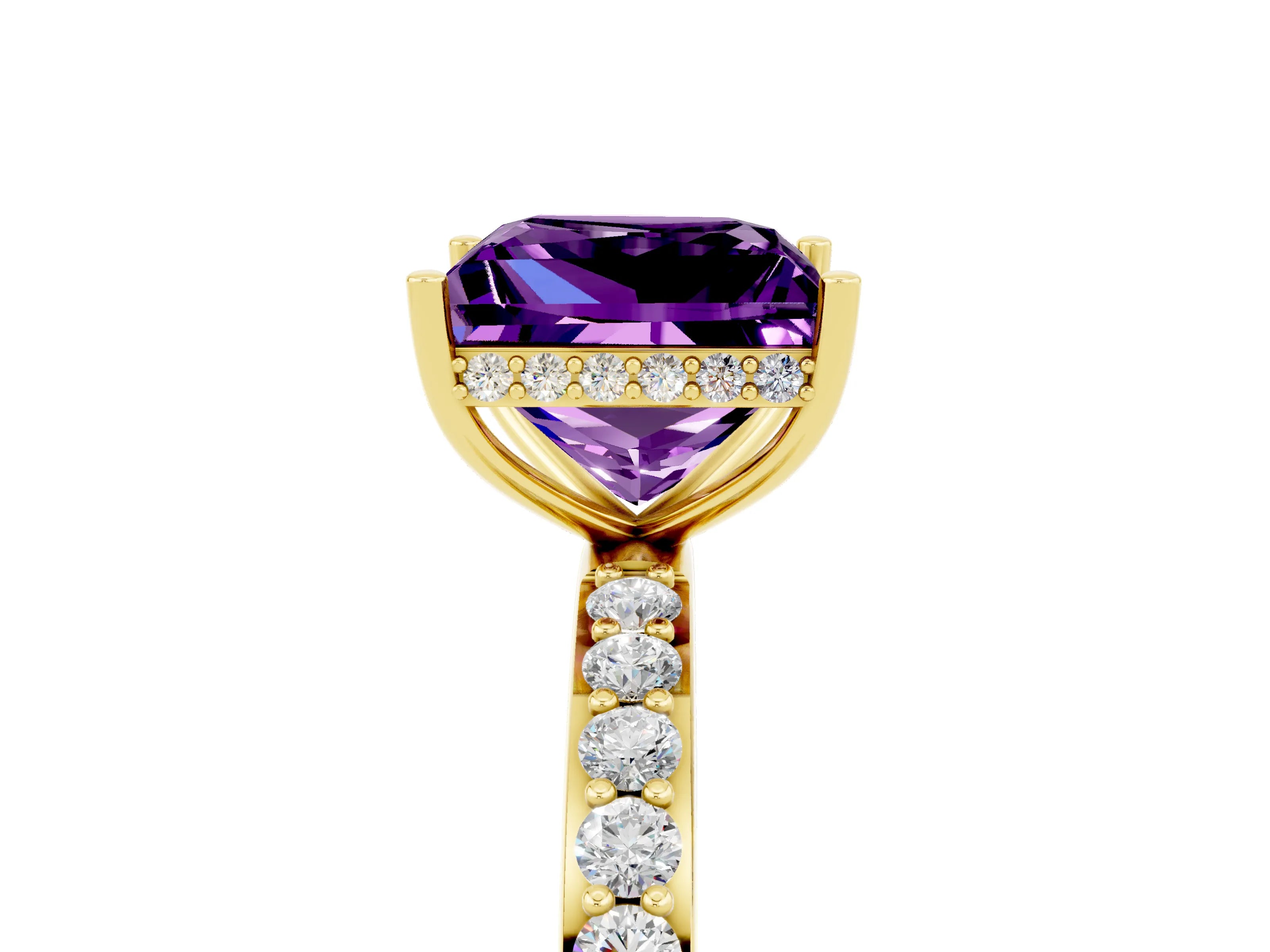 Yellow gold Princess Cut Amethyst Solitaire Ring with Pavé Band and Hidden Halo_17