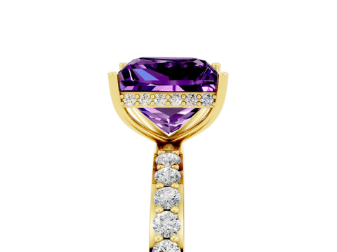 Yellow gold Princess Cut Amethyst Solitaire Ring with Pavé Band and Hidden Halo_17