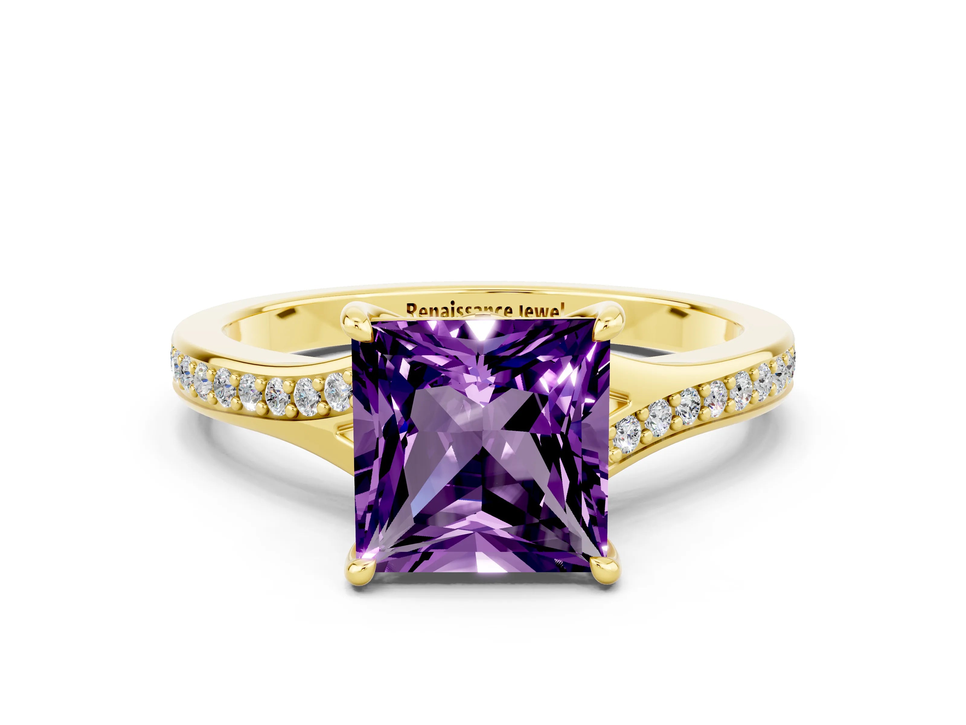 Yellow gold Princess Cut Amethyst Solitaire Ring with Pavé Band and Prong Setting