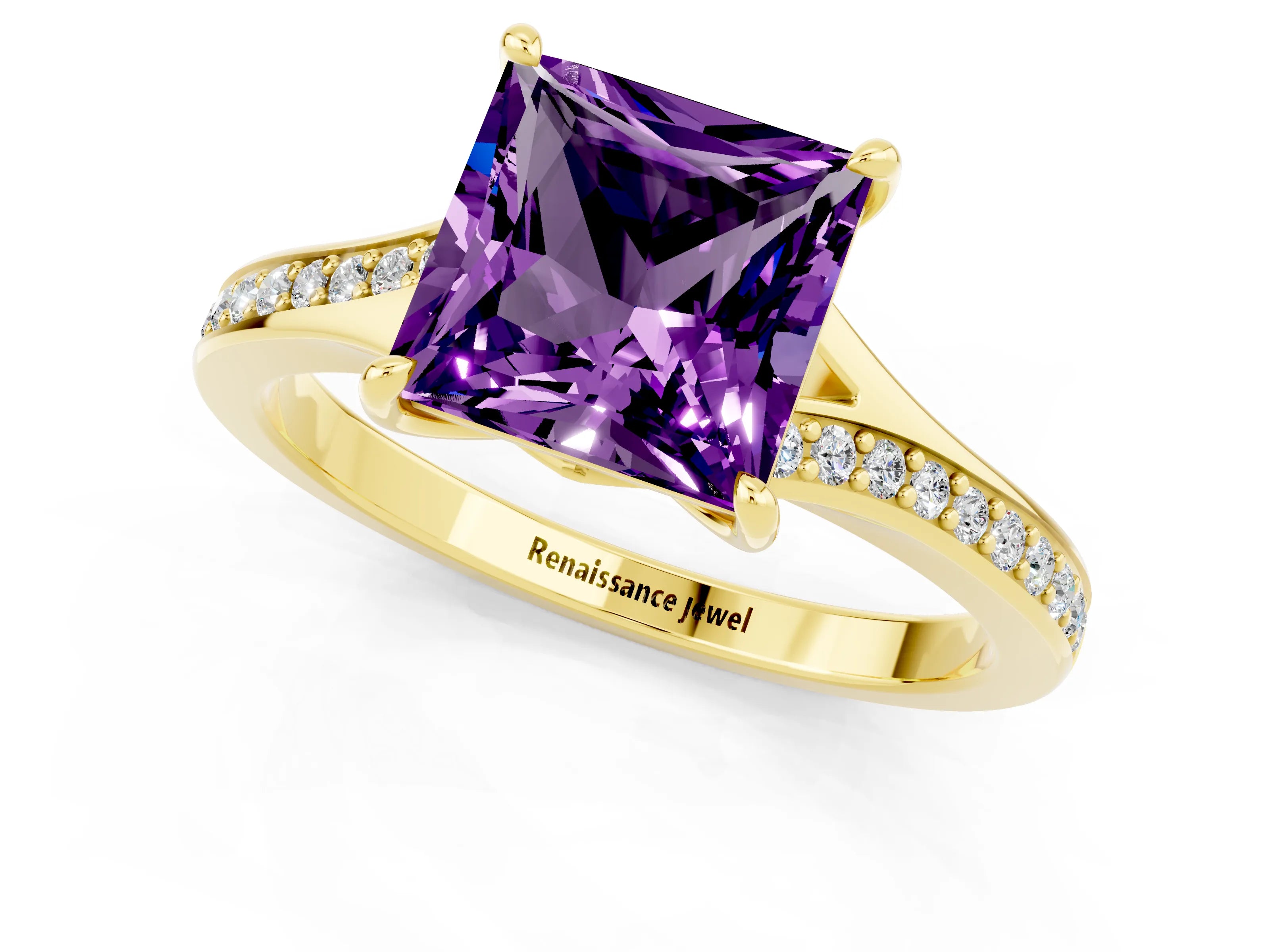 Yellow gold Princess Cut Amethyst Solitaire Ring with Pavé Band and Prong Setting_1