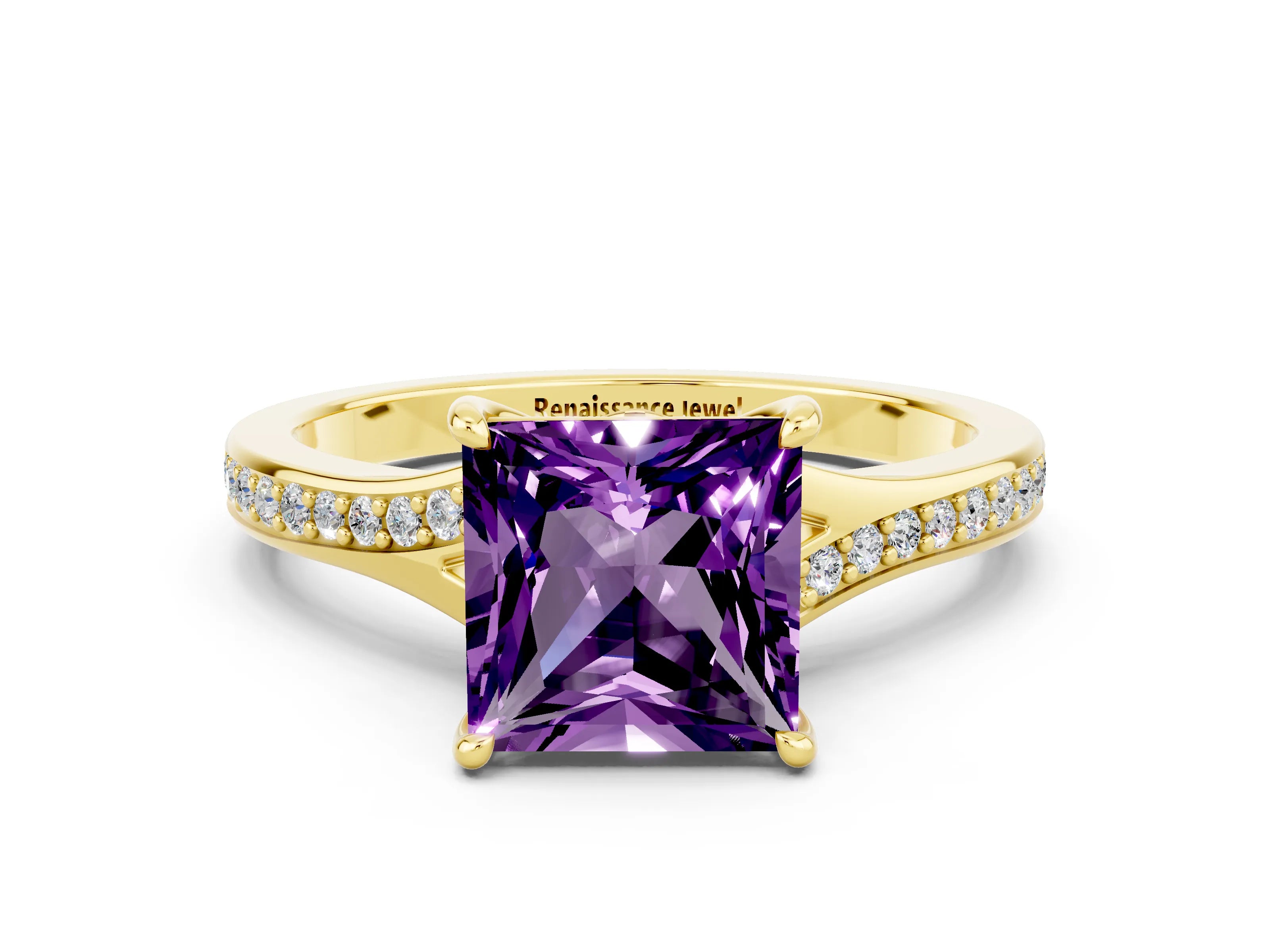 Yellow gold Princess Cut Amethyst Solitaire Ring with Pavé Band and Prong Setting_12