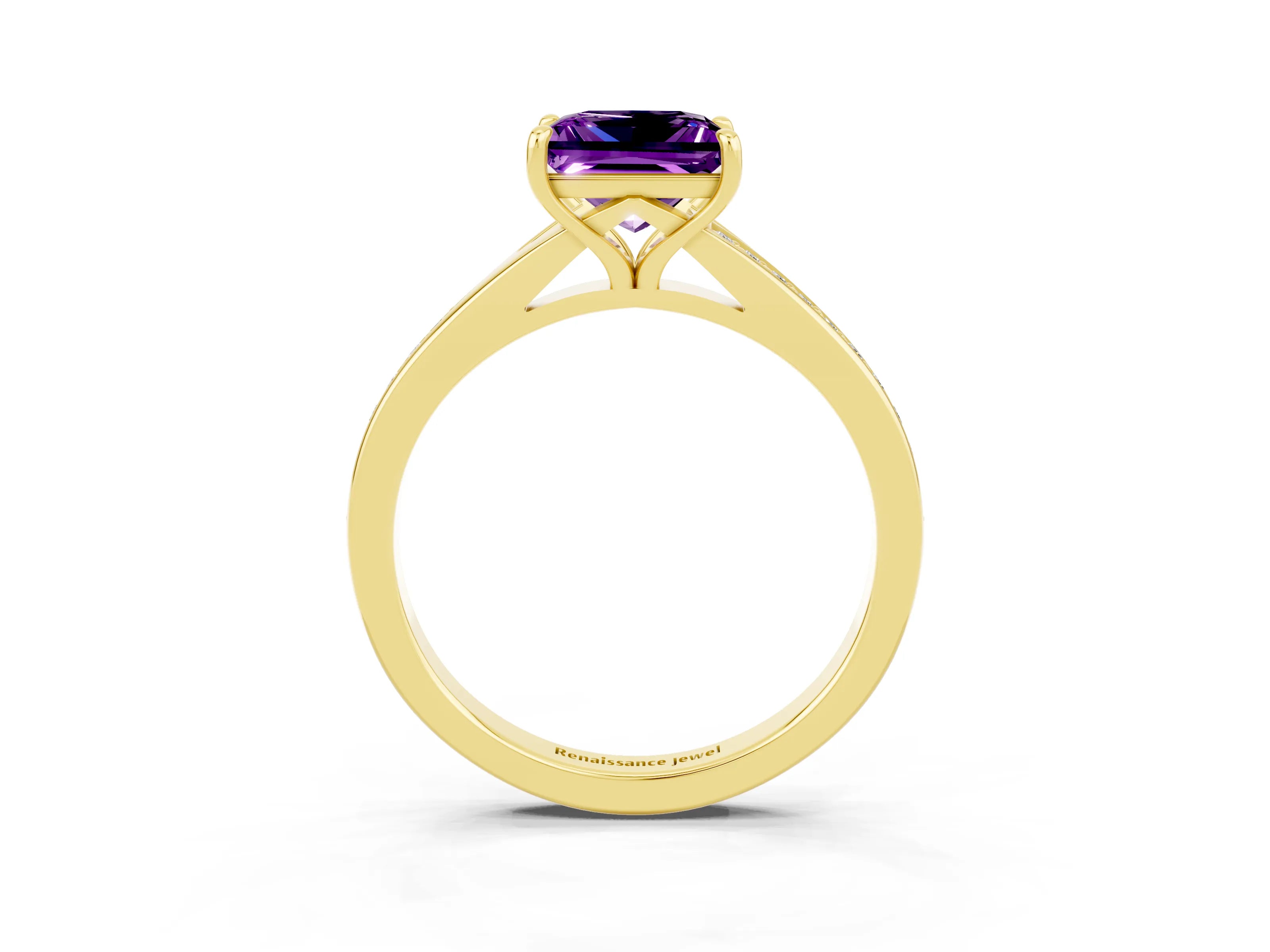 Yellow gold Princess Cut Amethyst Solitaire Ring with Pavé Band and Prong Setting_15