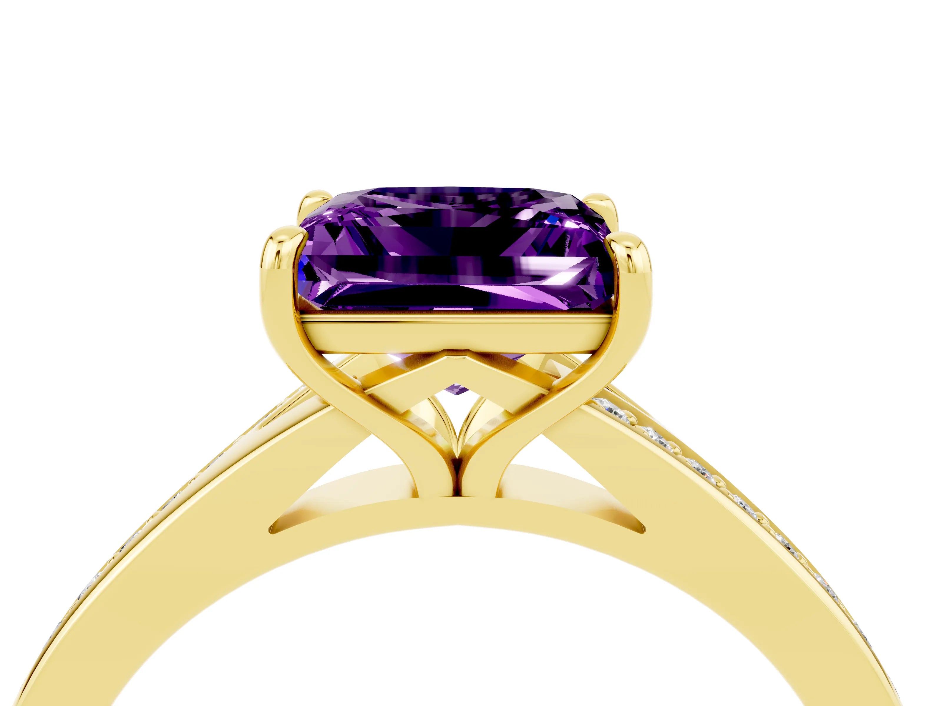 Yellow gold Princess Cut Amethyst Solitaire Ring with Pavé Band and Prong Setting_16