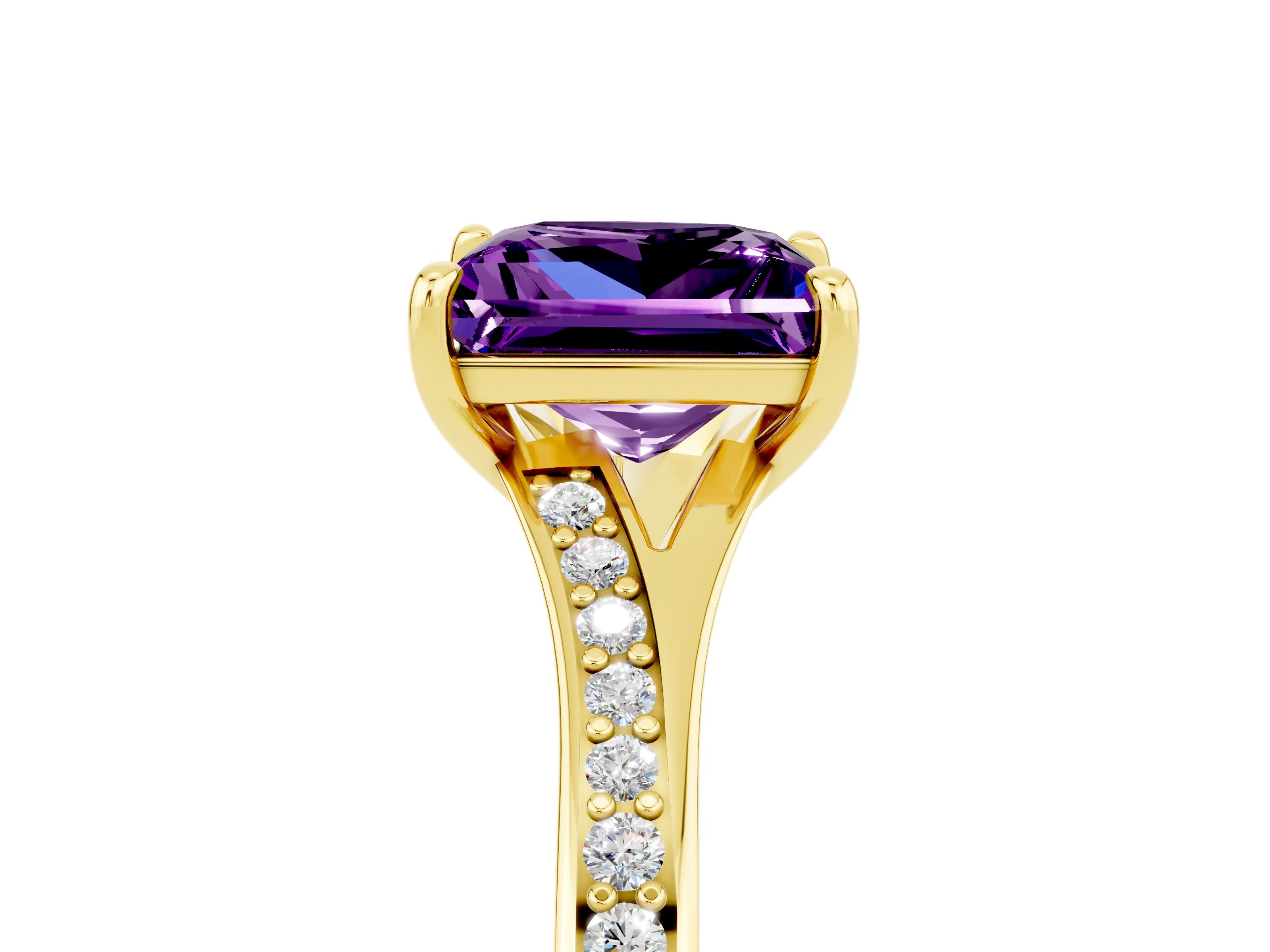 Yellow gold Princess Cut Amethyst Solitaire Ring with Pavé Band and Prong Setting_17