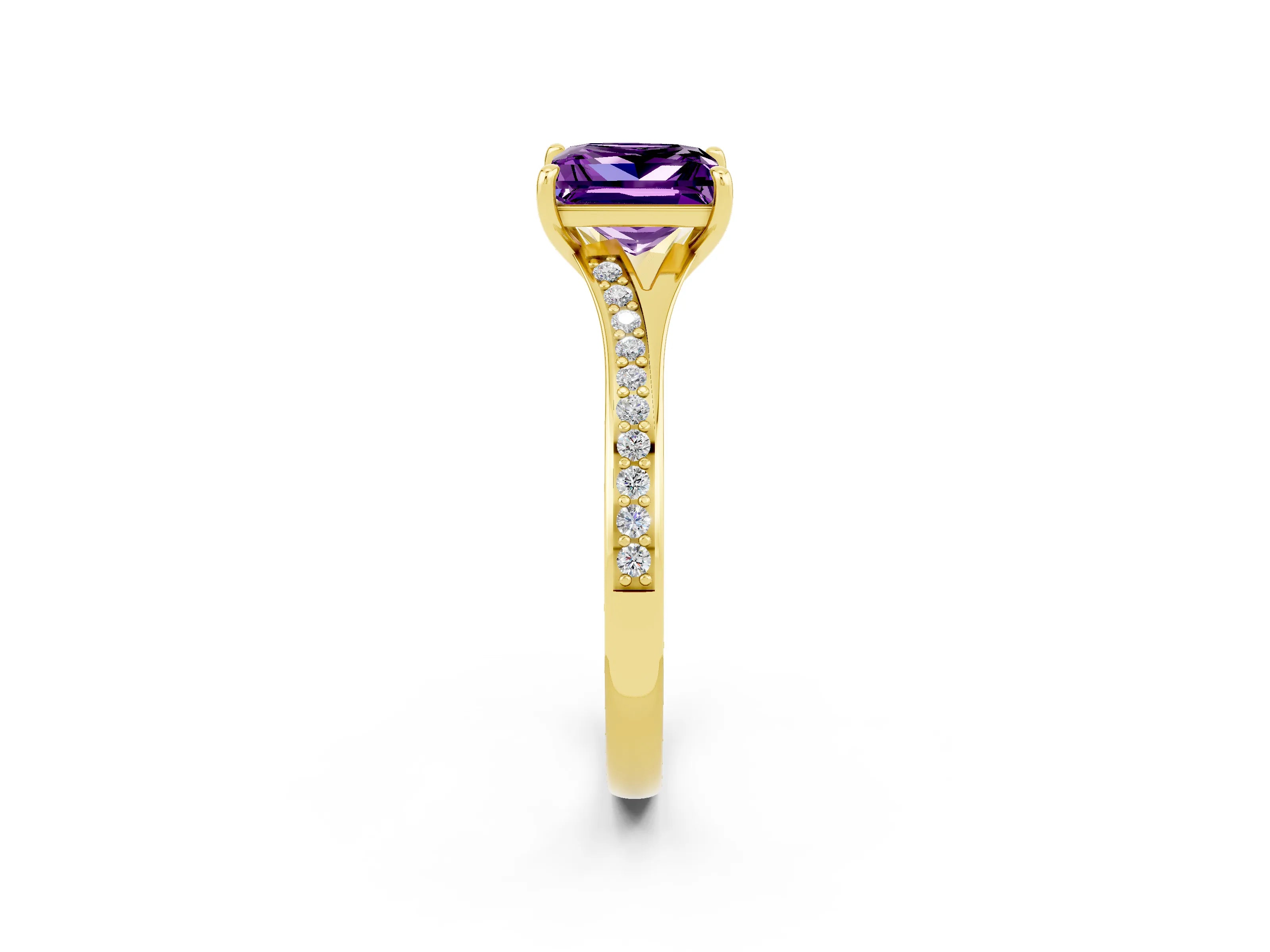 Yellow gold Princess Cut Amethyst Solitaire Ring with Pavé Band and Prong Setting_2