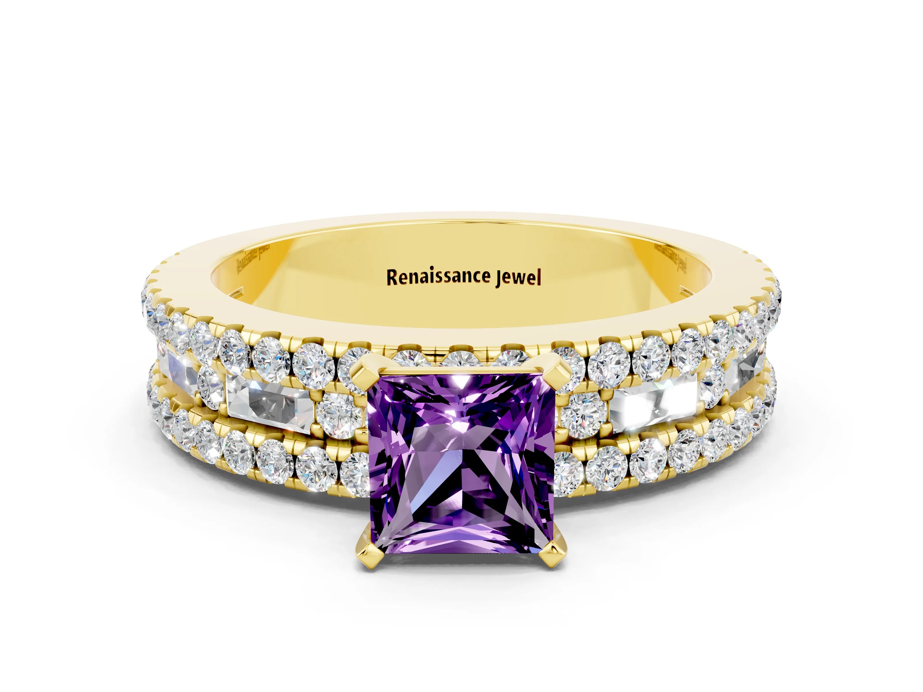 Yellow gold Princess Cut Amethyst Solitaire Ring with Pavé and Channel Set Band_12
