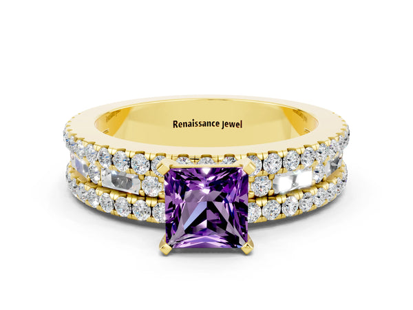 Yellow gold Princess Cut Amethyst Solitaire Ring with Pavé and Channel Set Band