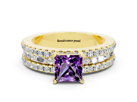 Yellow gold Princess Cut Amethyst Solitaire Ring with Pavé and Channel Set Band_12