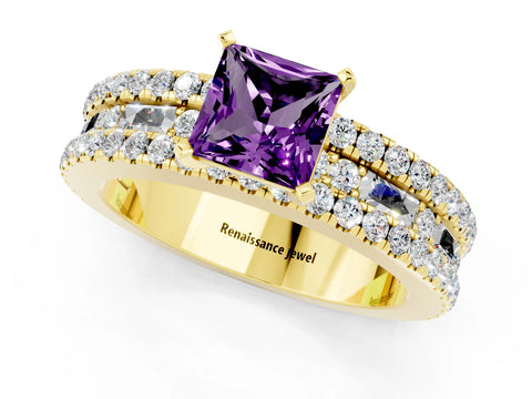 Yellow gold Princess Cut Amethyst Solitaire Ring with Pavé and Channel Set Band_13