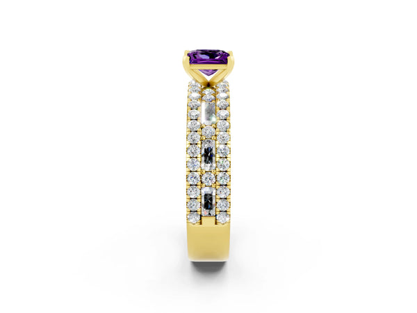 Yellow gold Princess Cut Amethyst Solitaire Ring with Pavé and Channel Set Band