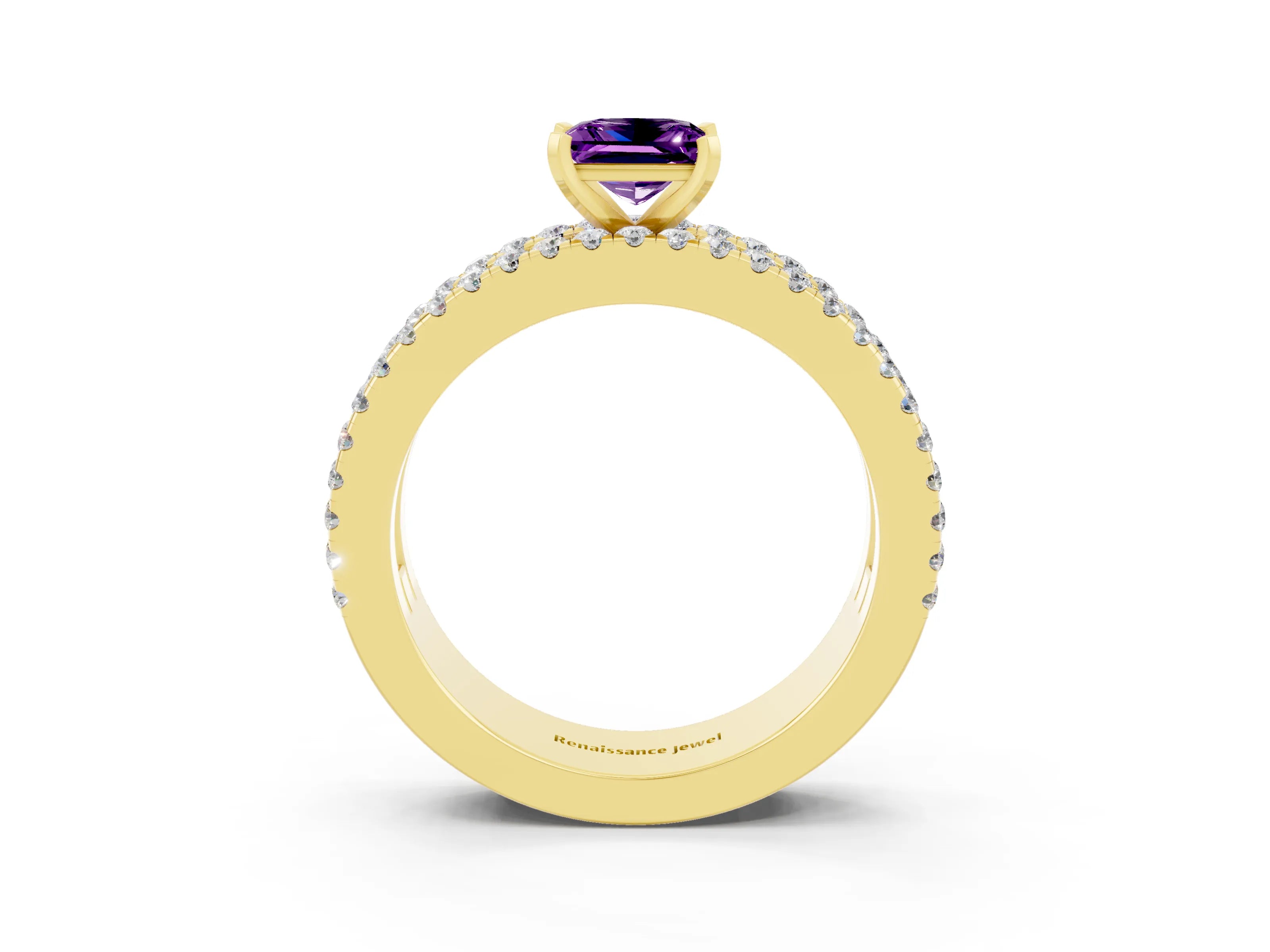 Yellow gold Princess Cut Amethyst Solitaire Ring with Pavé and Channel Set Band_15