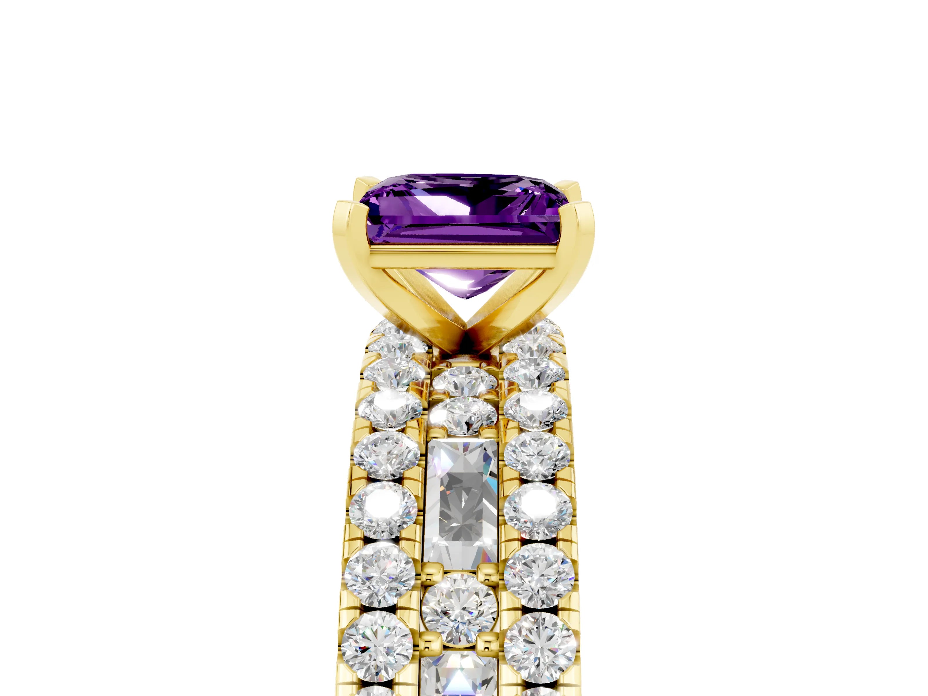 Yellow gold Princess Cut Amethyst Solitaire Ring with Pavé and Channel Set Band_17