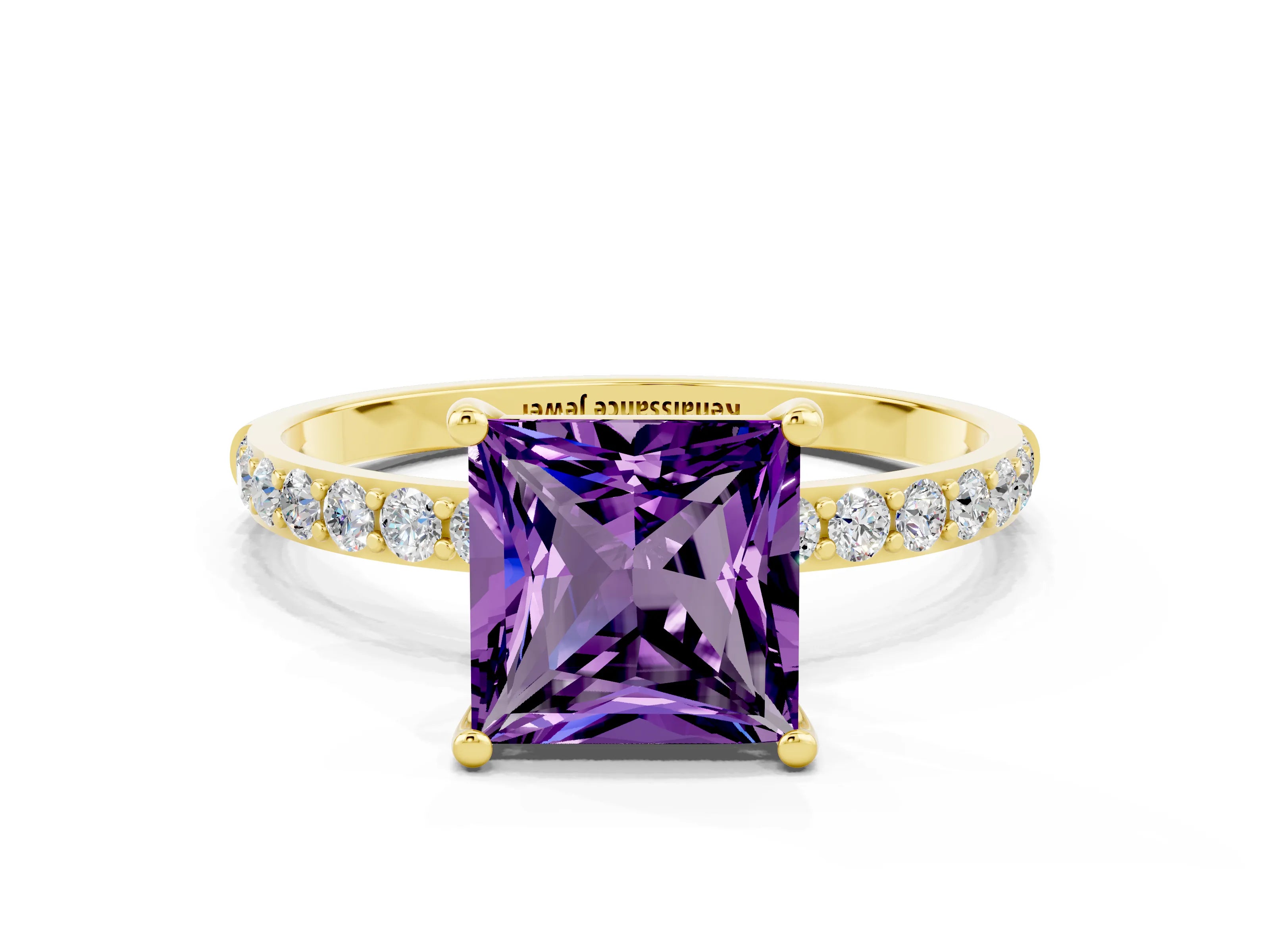 Yellow gold Princess Cut Amethyst Solitaire Ring with Pave Band and Four Prong Setting_24