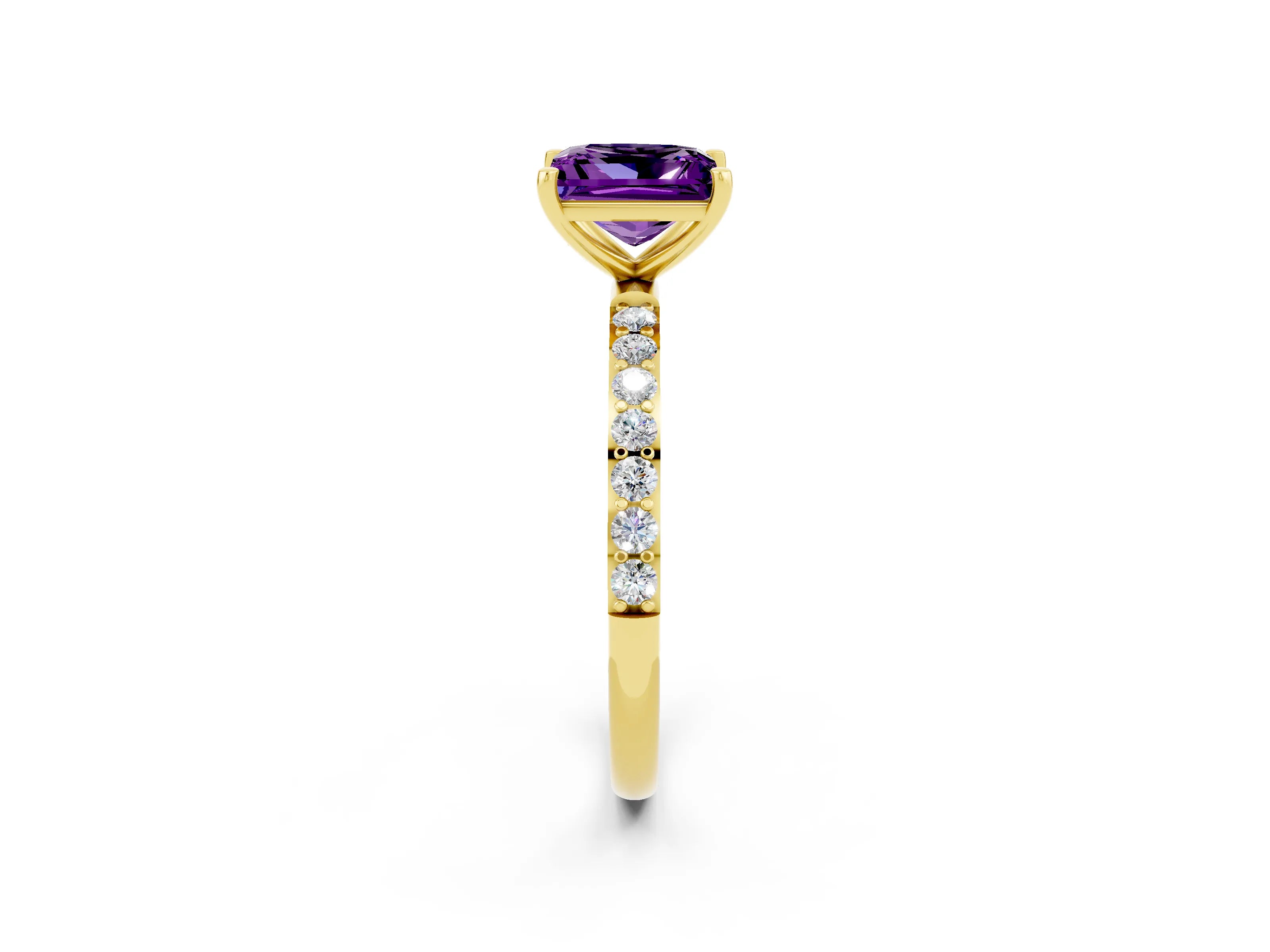 Yellow gold Princess Cut Amethyst Solitaire Ring with Pave Band and Four Prong Setting_26