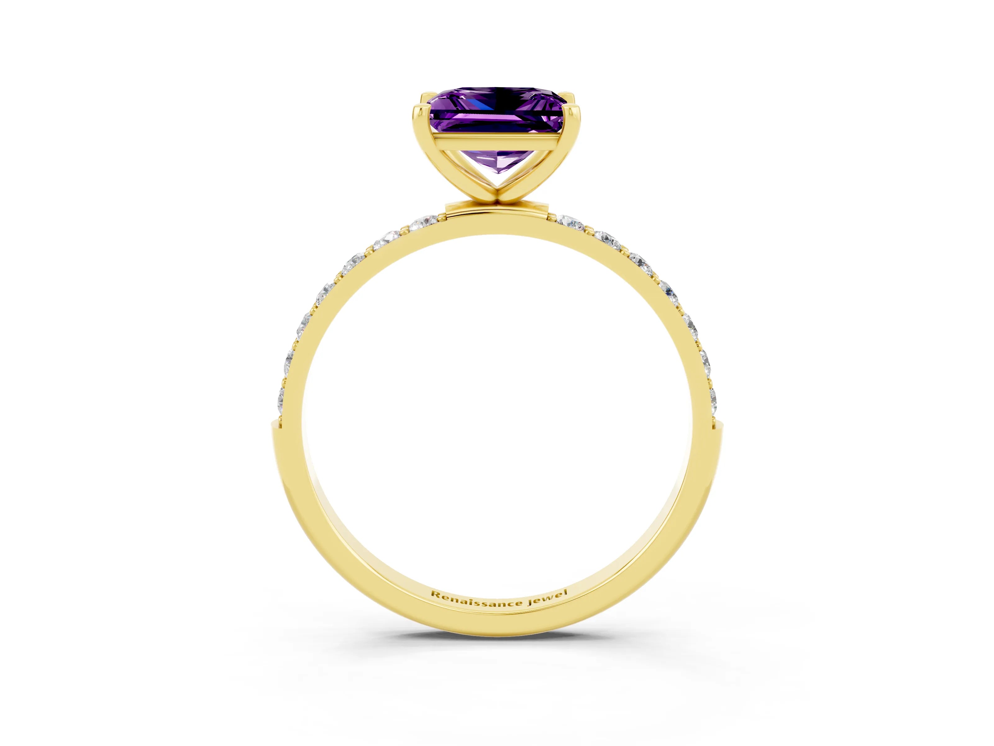 Yellow gold Princess Cut Amethyst Solitaire Ring with Pave Band and Four Prong Setting_27