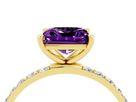 Yellow gold Princess Cut Amethyst Solitaire Ring with Pave Band and Four Prong Setting_28