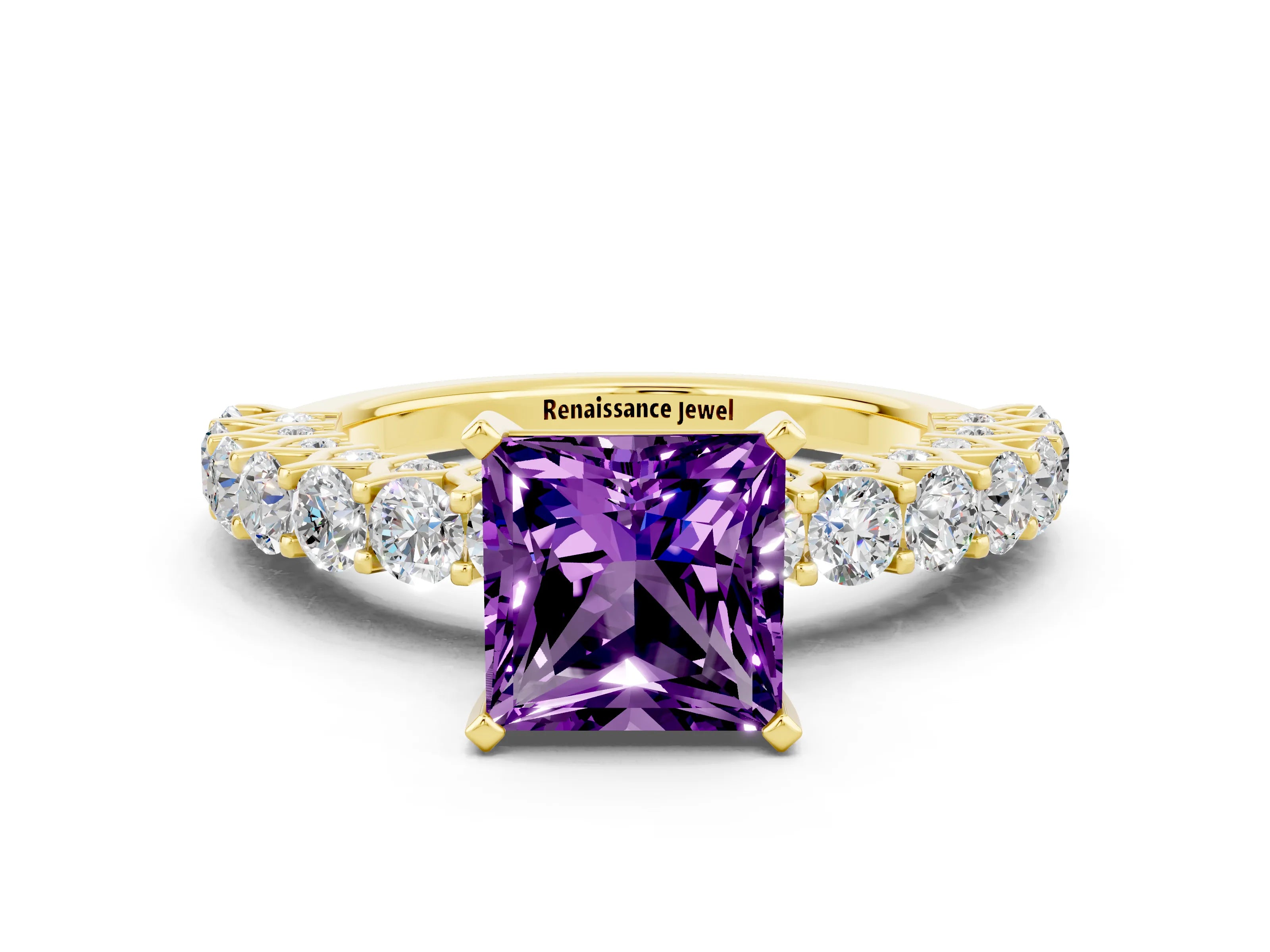 Yellow gold Princess Cut Amethyst Solitaire Ring with Shared Prong Pavé Band and Four-Prong Setting