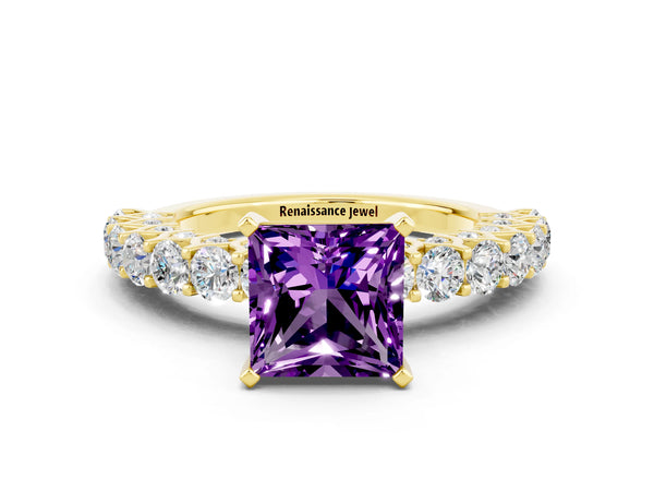 Yellow gold Princess Cut Amethyst Solitaire Ring with Shared Prong Pavé Band and Four-Prong Setting