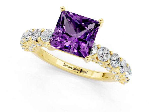 Yellow gold Princess Cut Amethyst Solitaire Ring with Shared Prong Pavé Band and Four-Prong Setting