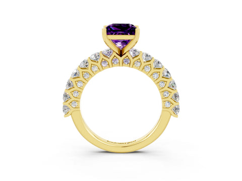 Yellow gold Princess Cut Amethyst Solitaire Ring with Shared Prong Pavé Band and Four-Prong Setting_3