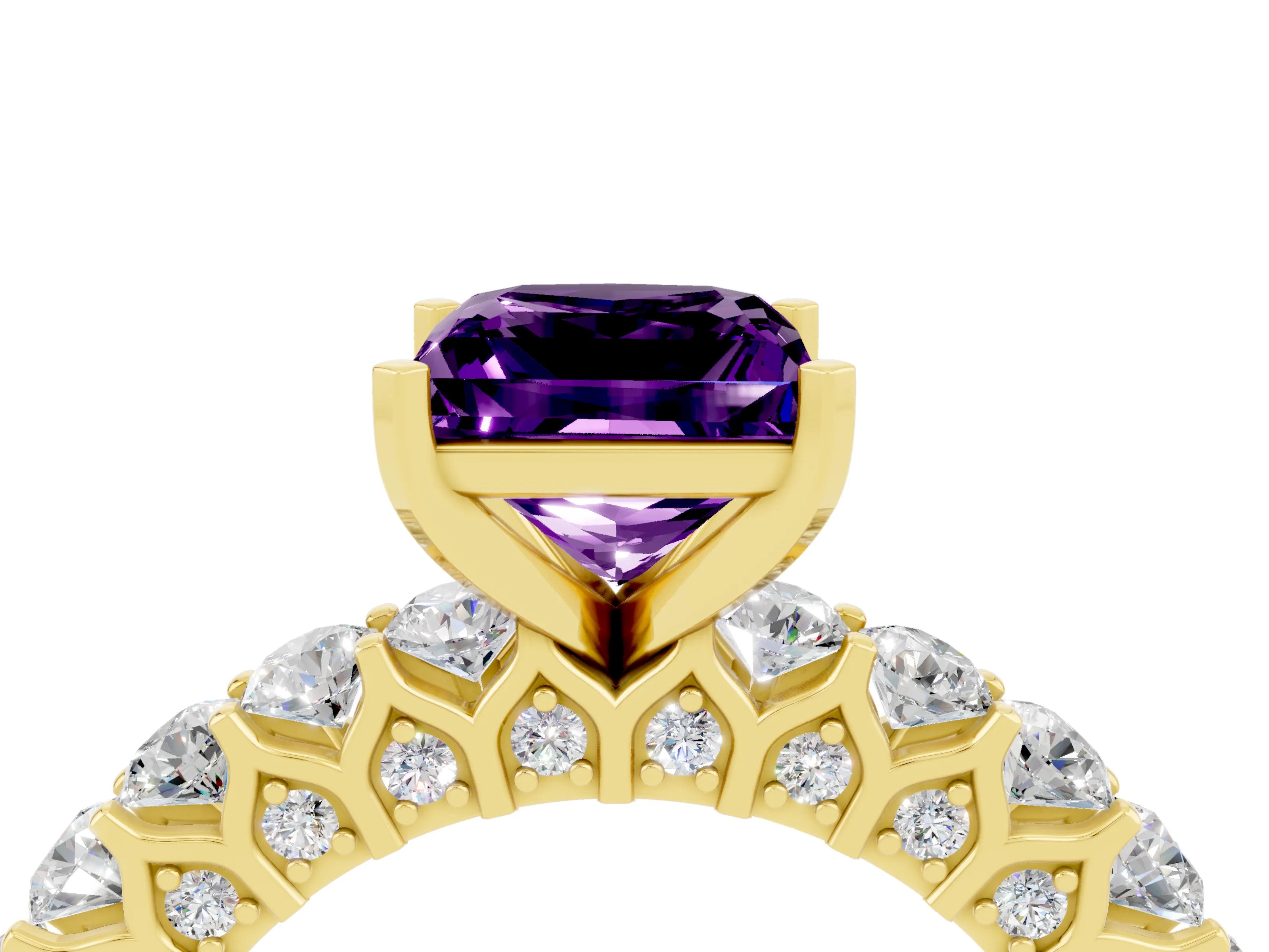 Yellow gold Princess Cut Amethyst Solitaire Ring with Shared Prong Pavé Band and Four-Prong Setting_4